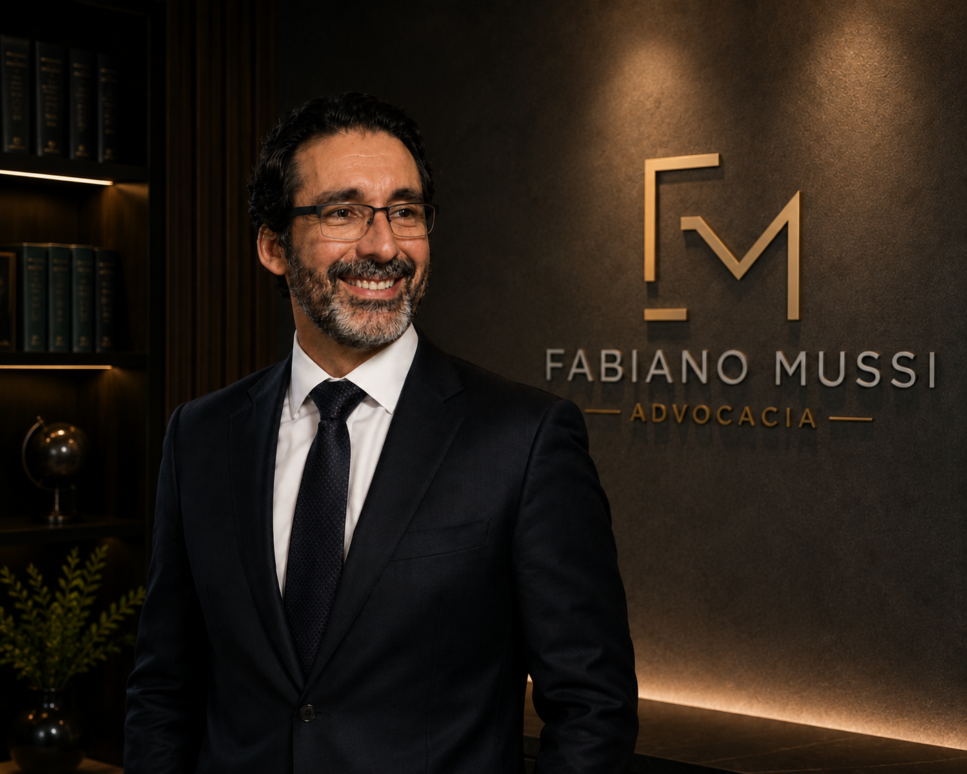 Retrato de Fabiano Mussi, advogado, em ambiente de escritório