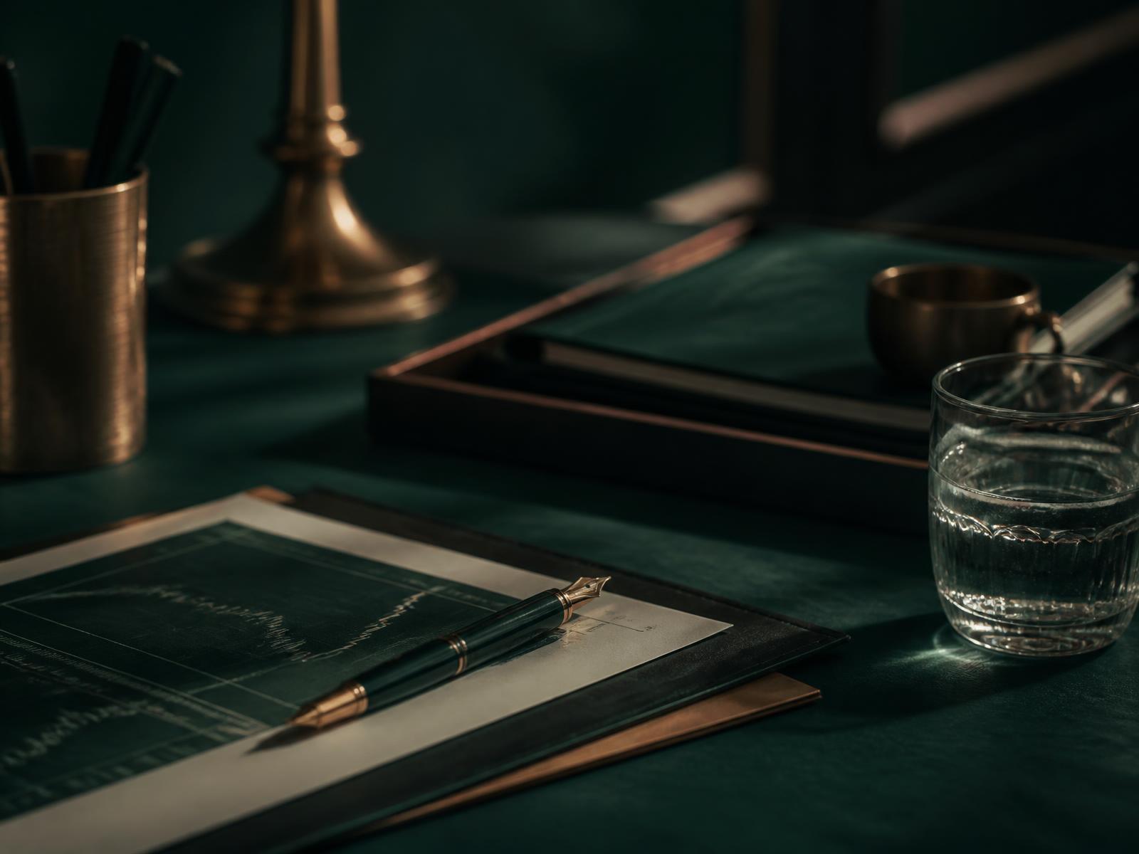 Mesa de trabalho com documentos financeiros e caneta, em luz baixa